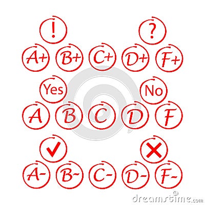 Set icon. Grade result A,B,C,D, F plus, minus. Hand drawn vector sing in red circle. Test exam mark report. Symbols of exclamation Vector Illustration